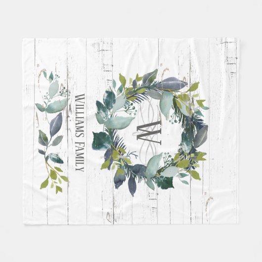 Rustige Waterverf Laurel Wreate Family Monogram Fleece Deken (Voorkant (Horizontaal))