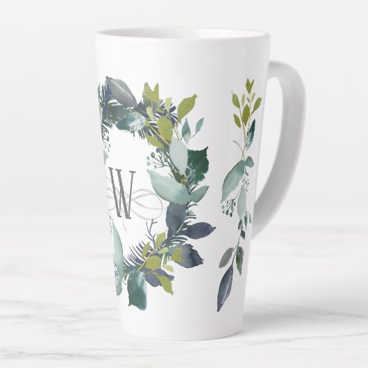 Rustige Waterverf Laurel Wreath Monogram Latte Mok (Rechterhoek)