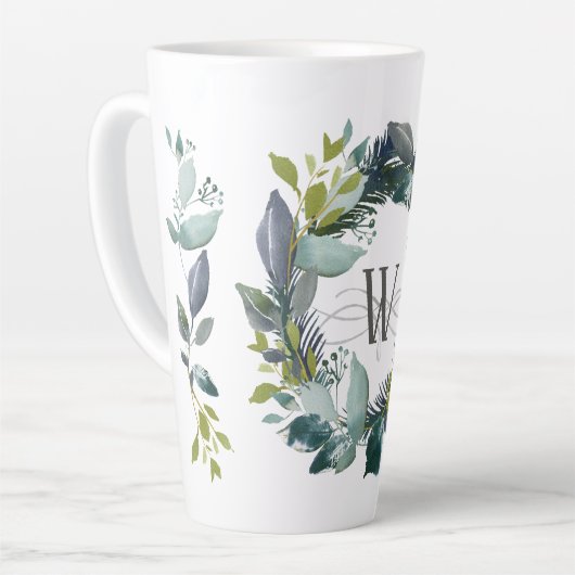 Rustige Waterverf Laurel Wreath Monogram Latte Mok (Linkerhoek)