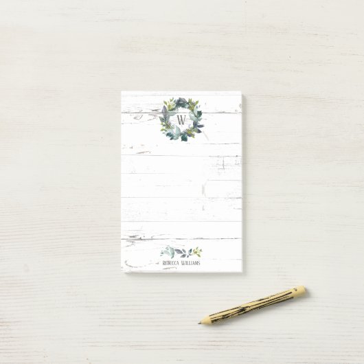 Rustige Waterverf Laurel Wreath Monogram Naam 4x6 Post-it® Notes (Op bureau)
