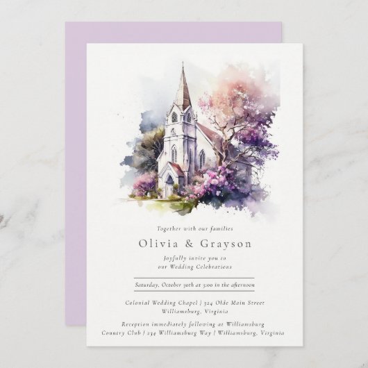 Rustige Waterverf Lavender Chapel Wedding Kaart (Voorkant / Achterkant)