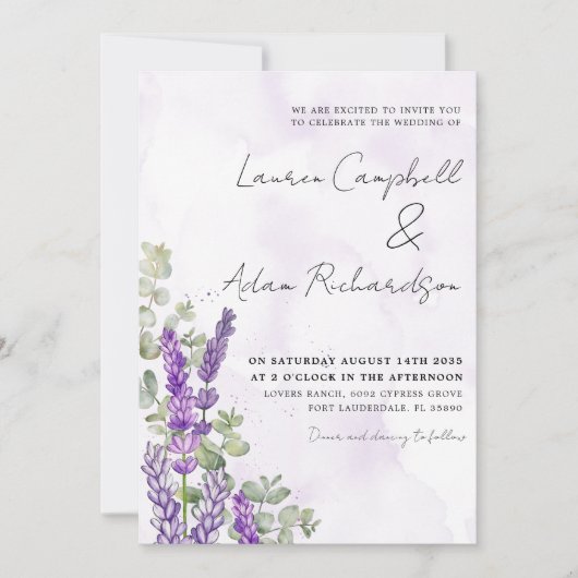 Rustige Waterverf Lavender & Eucalyputus Wedding Kaart (Voorkant)