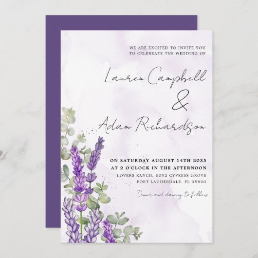 Rustige Waterverf Lavender & Eucalyputus Wedding Kaart (Voorkant / Achterkant)