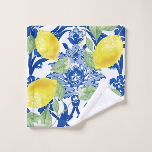 Rustige Waterverf Lemons & Blue Floral Bad Handdoek (Wasdoekje)