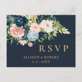 Rustige Waterverf marine Blush Gold Floral RSVP Uitnodiging Briefkaart