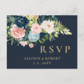 Rustige Waterverf marine Blush Gold Floral RSVP Uitnodiging Briefkaart (Voorkant)