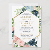 Rustige Waterverf marine blush Gold Floral Wedding Kaart (Voorkant)