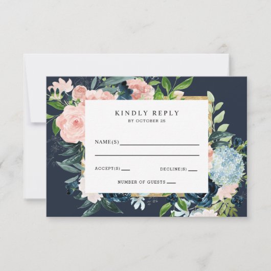 Rustige Waterverf marine blush Gold Floral Wedding RSVP Kaartje (Voorkant)