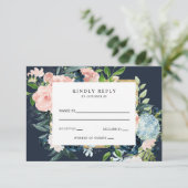 Rustige Waterverf marine blush Gold Floral Wedding RSVP Kaartje (Staand voorkant)
