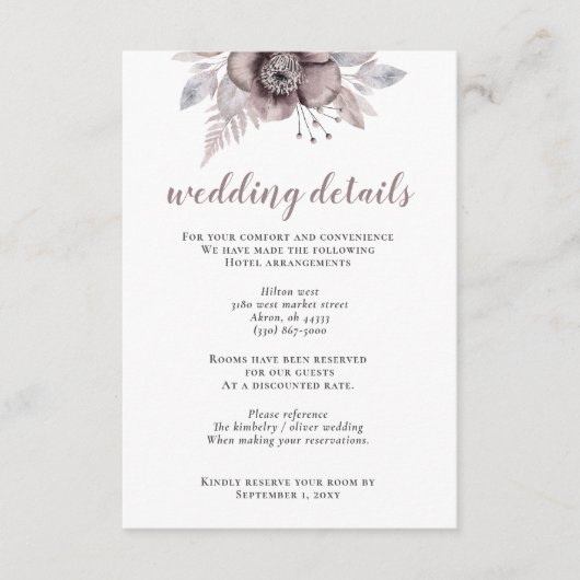 Rustige Waterverf Mauve Floral Botanical Wedding Informatiekaartje (Voorkant)