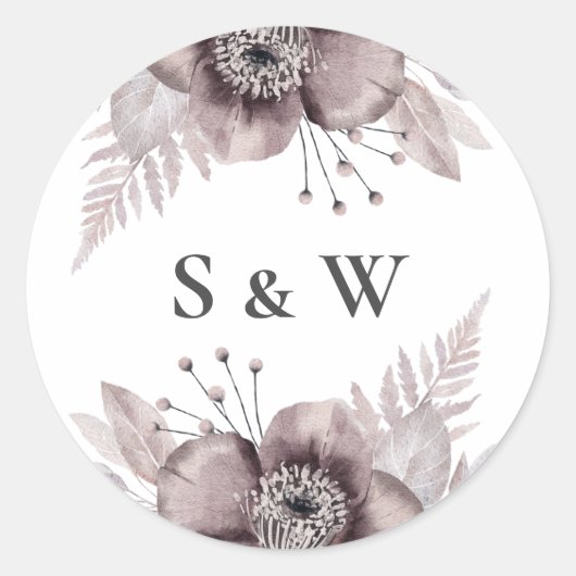 Rustige Waterverf Mauve Floral Botanical Wedding Ronde Sticker (Voorkant)