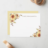 Rustige Waterverf - Monogram zonnebloemen Notitiekaartje (Voorkant / Achterkant in situ)