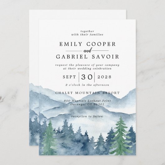 Rustige Waterverf mountain Forest Wedding Kaart (Voorkant / Achterkant)