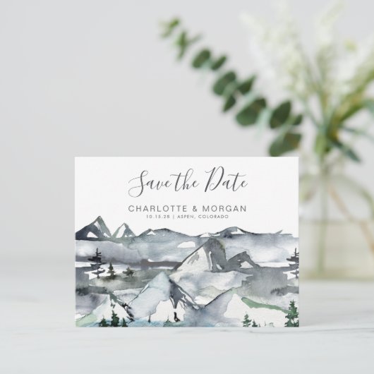 Rustige Waterverf Mountain Save the Date Briefkaart (Staand voorkant)