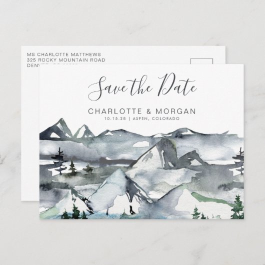 Rustige Waterverf Mountain Save the Date Briefkaart (Voorkant / Achterkant)