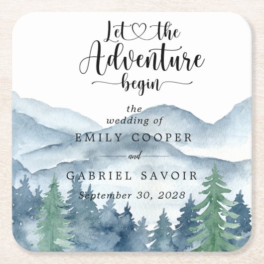 Rustige Waterverf Mountain Wedding Kartonnen Onderzetters (Voorkant)