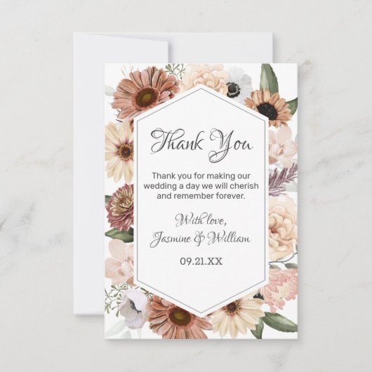 Rustige Waterverf Neutral Boho Floral Wedding Bedankkaart (Voorkant)