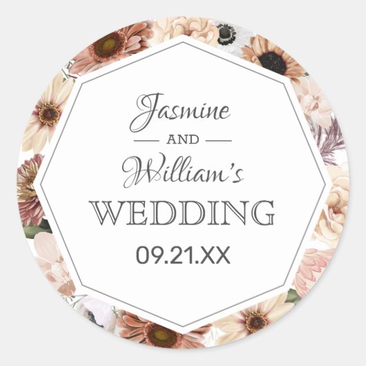 Rustige Waterverf Neutral Boho Floral Wedding Ronde Sticker (Voorkant)