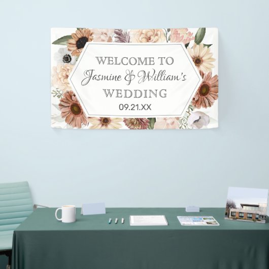 Rustige Waterverf Neutral Boho Floral Wedding Spandoek (Beurs)