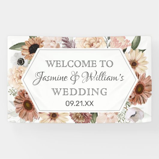 Rustige Waterverf Neutral Boho Floral Wedding Spandoek (Horizontaal)