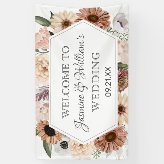 Rustige Waterverf Neutral Boho Floral Wedding Spandoek (Verticaal)