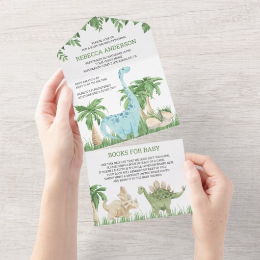 Rustige Waterverf Oerwoud Cute Dinosaur Baby showe All In One Uitnodiging (Afscheurbaar)