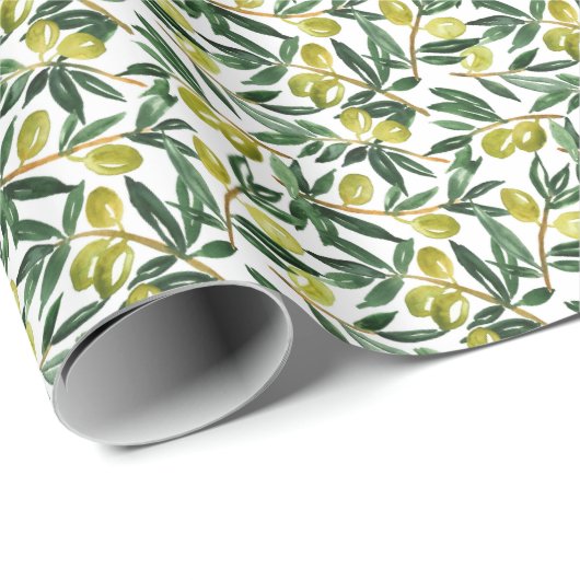 Rustige Waterverf Olive Branches Greenery Pattern Cadeaupapier (Rol Hoek)