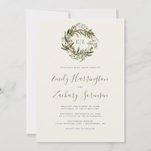 Rustige Waterverf Olive Wreath Wedding Kaart (Voorkant)