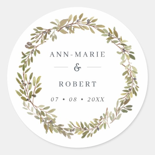 Rustige Waterverf Olive Wreath Wedding Ronde Sticker (Voorkant)