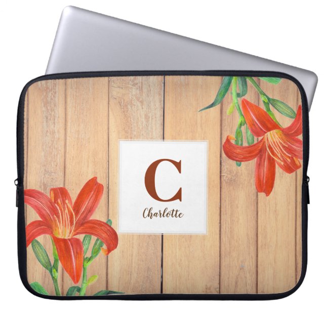 Rustige Waterverf Oranje Lily Art Monogram Laptop Sleeve (Voorkant)