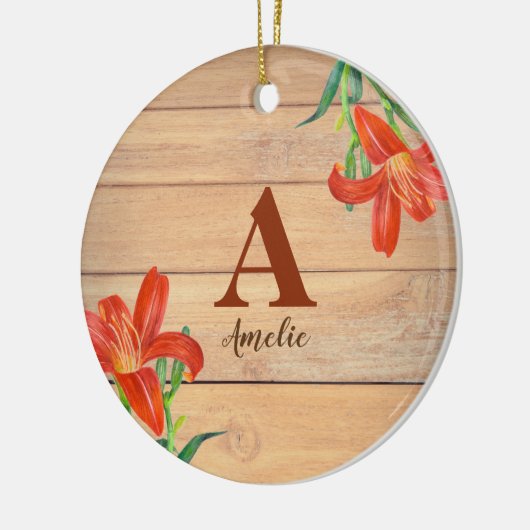 Rustige Waterverf Oranje Lily Floral Monogram Keramisch Ornament (Links)