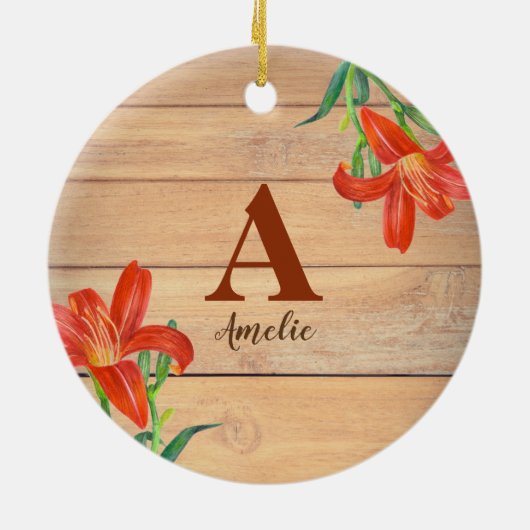 Rustige Waterverf Oranje Lily Floral Monogram Keramisch Ornament (Achterkant)