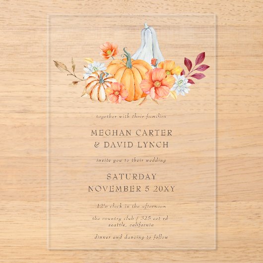 Rustige Waterverf Oranje pompoenen Acryl Uitnodigingen (Voorkant)