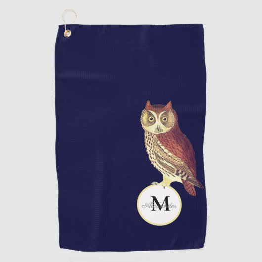 Rustige Waterverf Owl Monogram Naam Navy Blue Golfhanddoek (Voorkant)