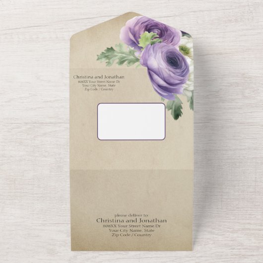 Rustige Waterverf Paars en witte Ranunculus All In One Uitnodiging (Buitenkant)