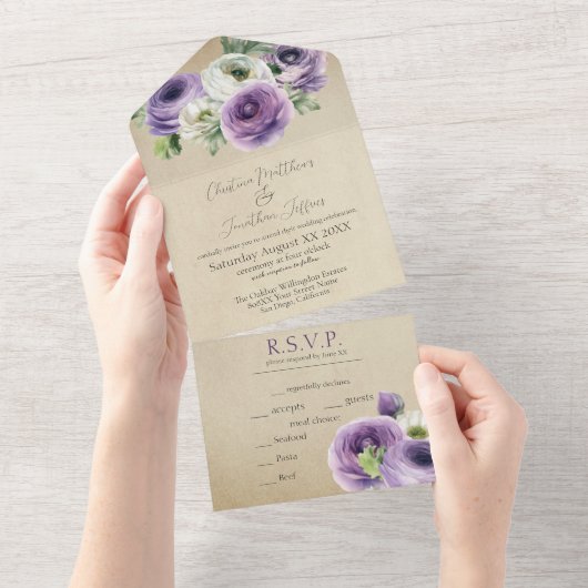 Rustige Waterverf Paars en witte Ranunculus All In One Uitnodiging (Afscheurbaar)