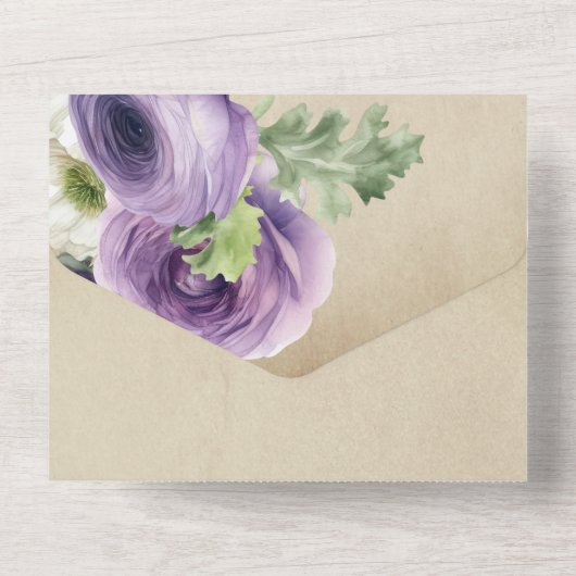 Rustige Waterverf Paars en witte Ranunculus All In One Uitnodiging (Achterkant)