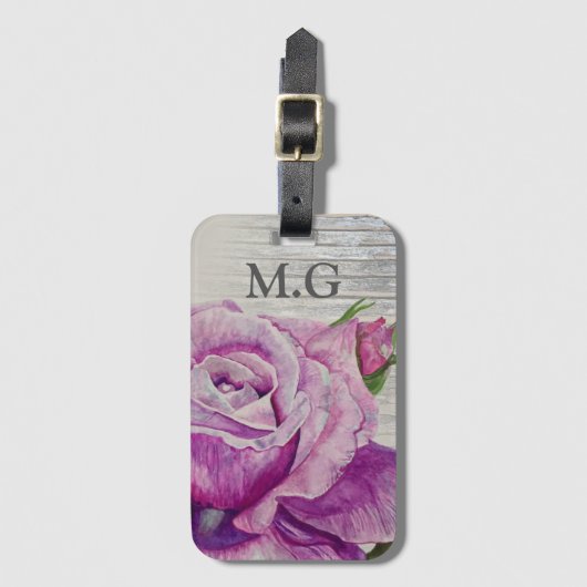 Rustige Waterverf Paars Roos Houtmonogram Bagagelabel (Voorkant (verticaal))