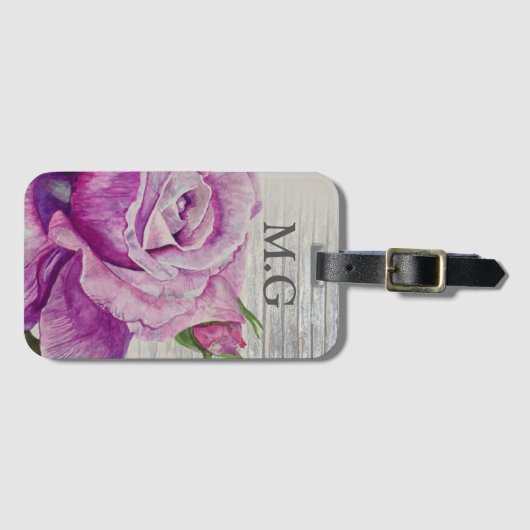 Rustige Waterverf Paars Roos Houtmonogram Bagagelabel (Voorkant (horizontaal))