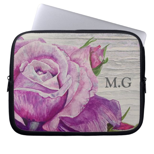 Rustige Waterverf Paars Roos Houtmonogram Laptop Sleeve (Voorkant)