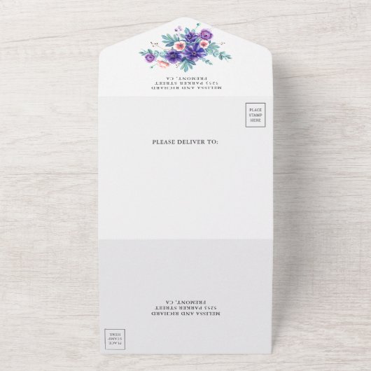 Rustige Waterverf Paarse Anemones Wedding All In One Uitnodiging (Buitenkant)