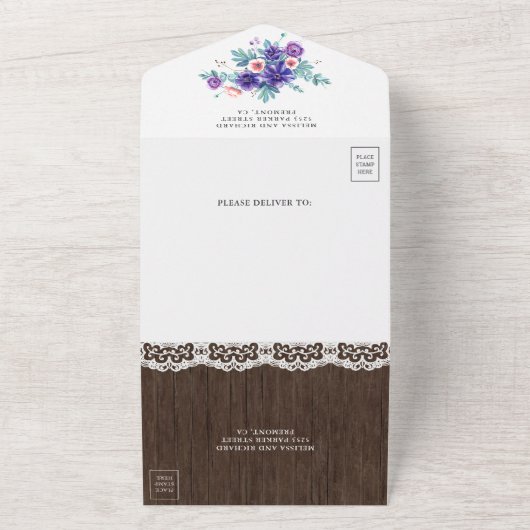 Rustige Waterverf Paarse Anemones Wood Weddenschap All In One Uitnodiging (Buitenkant)