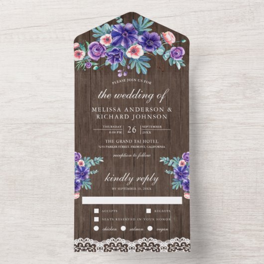 Rustige Waterverf Paarse Anemones Wood Weddenschap All In One Uitnodiging (Binnen)