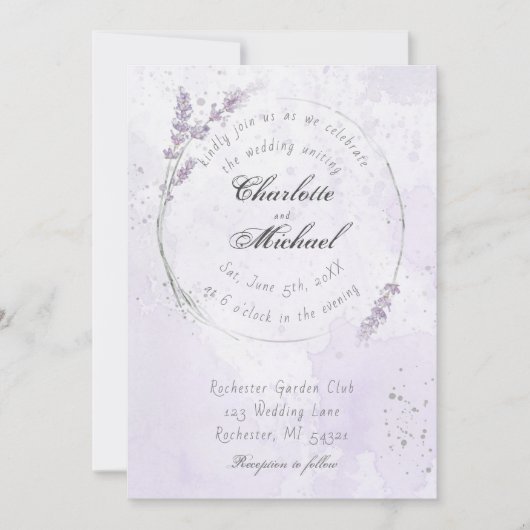 Rustige waterverf paarse lavenderbloembruiloft kaart (Voorkant)