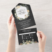Rustige Waterverf Peach Floral Dark Gray Wedding All In One Uitnodiging (Afscheurbaar)
