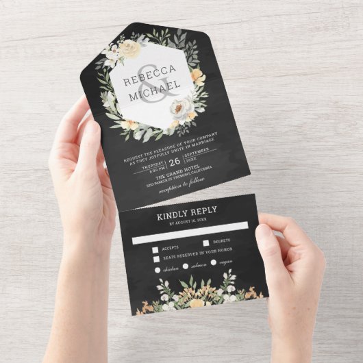 Rustige Waterverf Peach Floral Dark Gray Wedding All In One Uitnodiging (Afscheurbaar)