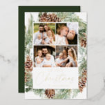 Rustige Waterverf Pine Cone Photo Collage Folie Feestdagenkaart<br><div class="desc">Elegant vakantiefotokaart met een waterverf met dennenaaltjes, dennenboughs en een witte achtergrond. "Vrolijk kerstfeest" staat in gouden folie. Pas de voorzijde van de dennenaaltje aan met vier foto's en uw familienaam. De kerstkaart van de folie keert terug om een extra foto met ruimte voor uw persoonlijk bericht en individuele namen...</div>