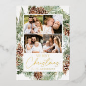 Rustige Waterverf Pine Cone Photo Collage Folie Feestdagenkaart (Voorkant)