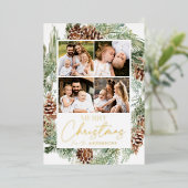 Rustige Waterverf Pine Cone Photo Collage Folie Feestdagenkaart (Staand Voorkant)