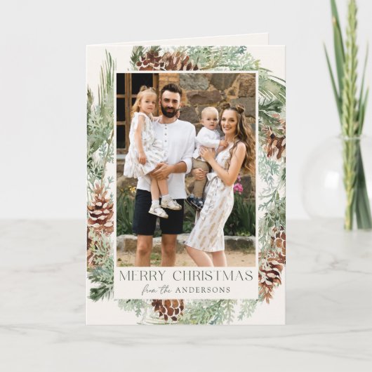 Rustige Waterverf Pine Cone Wreator 2 Foto Feestdagen Kaart (Voorkant)